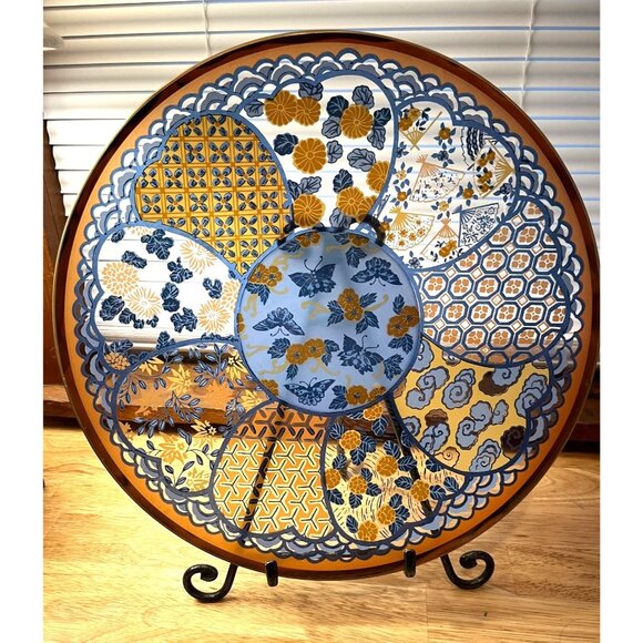 Large Glass Serving Plate w/ Blue Butterflies & Orange Flowers Asian Inspired - Picture 1 of 8
